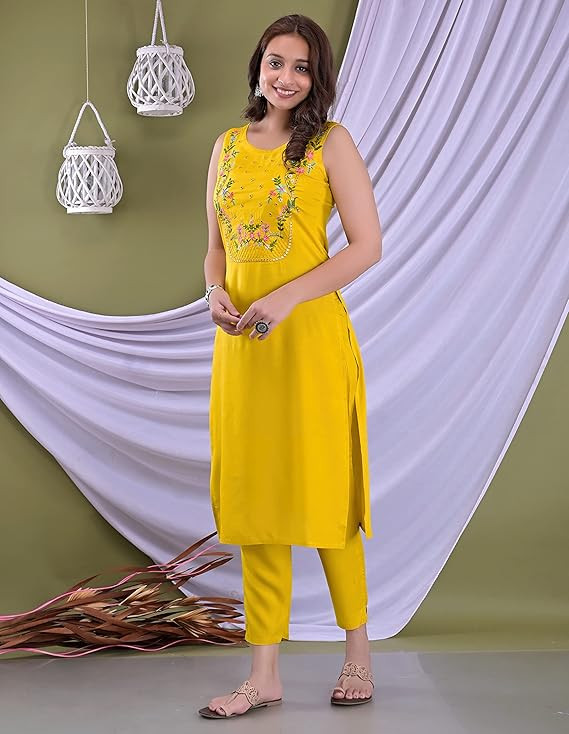 Women's Rayon Embroidered Mustard Kurta Pant set