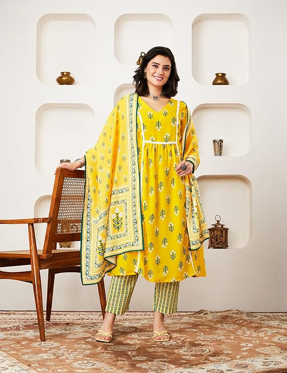 Printed A-line Kurta Pant Set with Dupatta