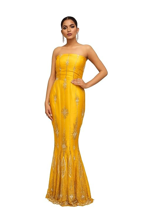 Women's Yellow Strapless Mermaid Gown