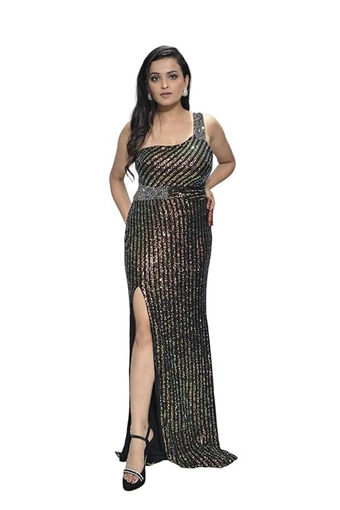 Women's One-Shoulder Sequin Bodycon Gown, Full Length Party Dress with Front Slit, Black, 1XL
